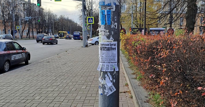 Столбы в клеточку: в Ярославле борются с рекламой на столбах и дорожных знаках, но этот метод плох_228623